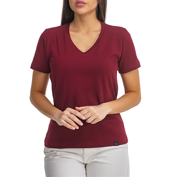 T-Shirt Básica Gola V Bordô