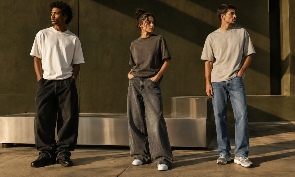 Comparação entre calça baggy, wide leg e reta em looks streetwear