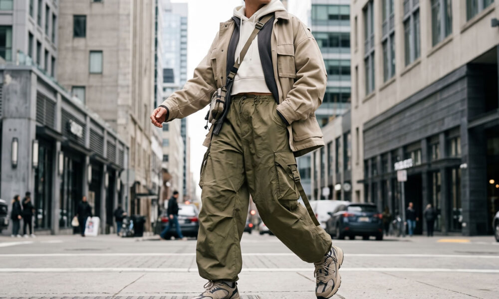 Look streetwear com calça cargo e calça parachute em estilo urbano