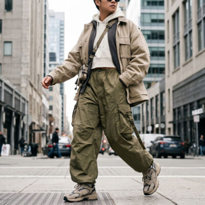 Look streetwear com calça cargo e calça parachute em estilo urbano