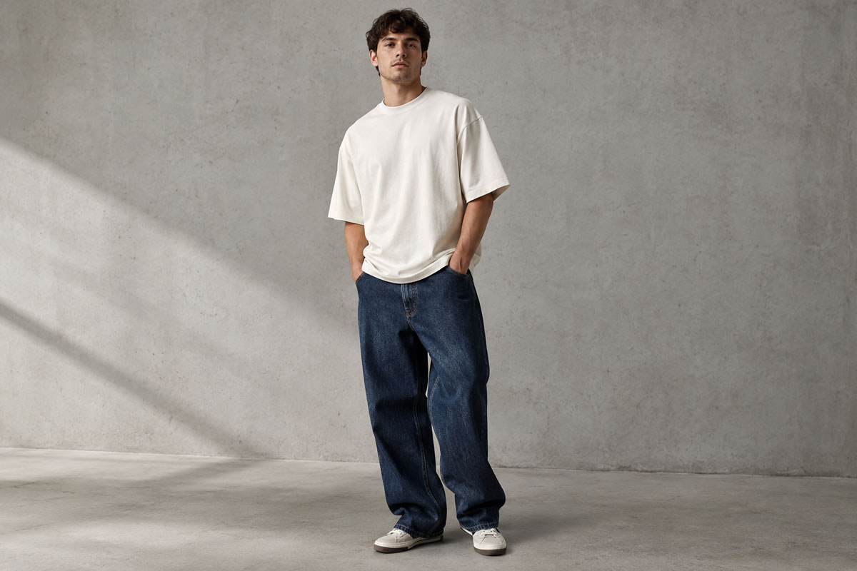 Modelo usando camiseta heavyweight off-white de tecido encorpado e corte boxy em look streetwear.