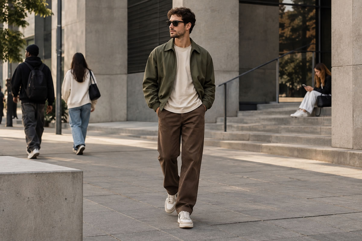 Homem usando look urbano com camiseta bege, calça marrom e jaqueta verde-oliva