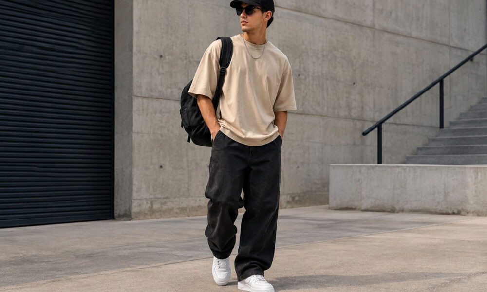 Homem usando camiseta oversized, calça preta e tênis branco em um look streetwear urbano