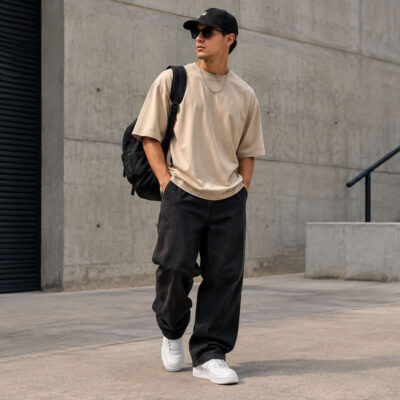 Homem usando camiseta oversized, calça preta e tênis branco em um look streetwear urbano