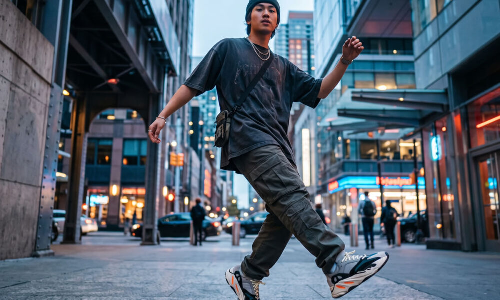 Homem usando look streetwear em cenário urbano para fotografia de moda
