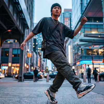 Homem usando look streetwear em cenário urbano para fotografia de moda