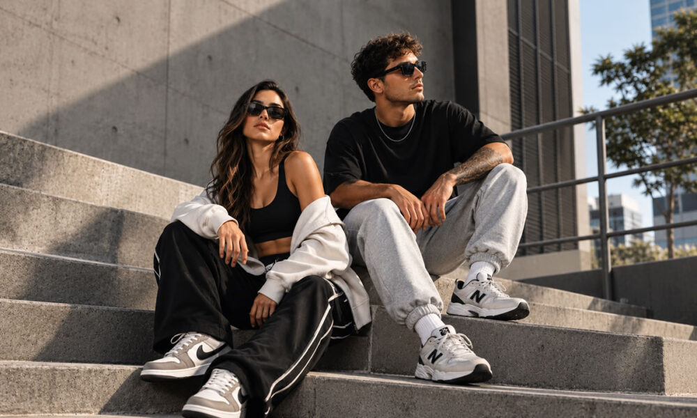 Look athleisure com camiseta oversized, calça jogger e tênis casual em cenário urbano