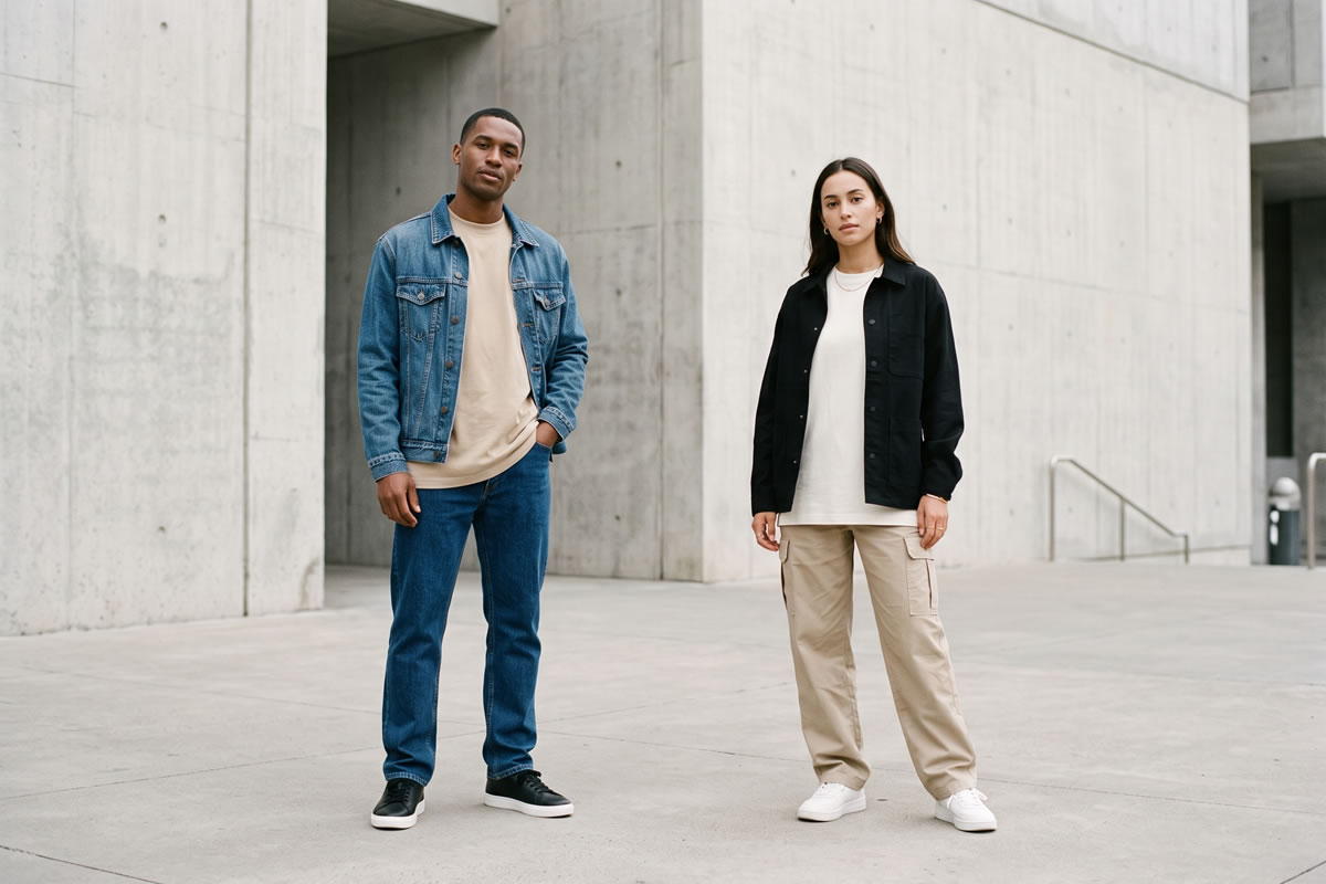 Homem e mulher com looks urbanos versáteis em peças neutras de streetwear