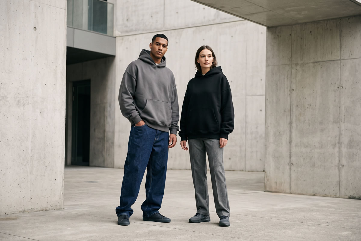 Homem e mulher usando moletom oversized com caimento equilibrado e looks streetwear