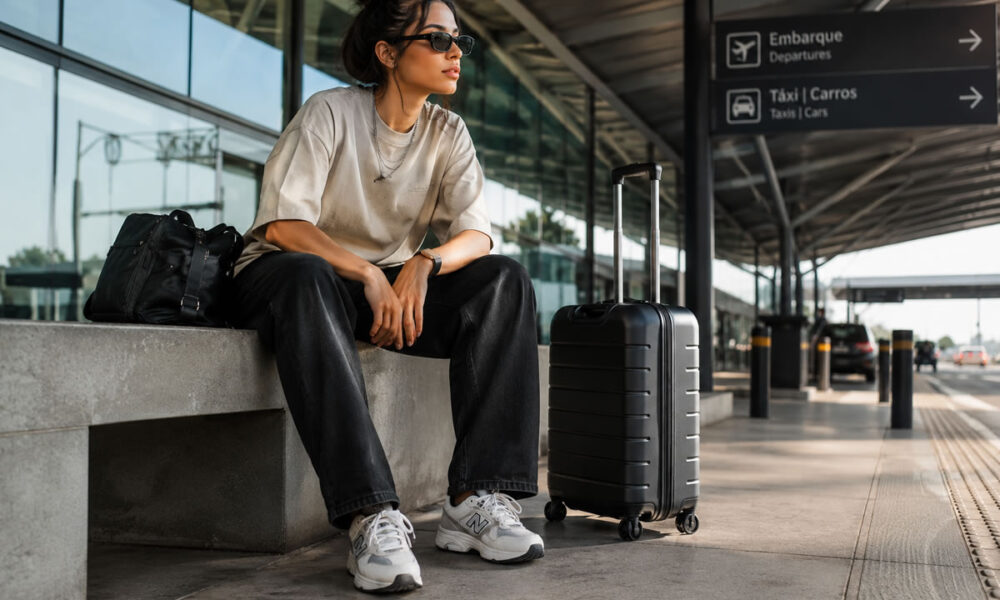 Mulher usando look streetwear confortável para viajar nas férias com tênis e bolsa de viagem