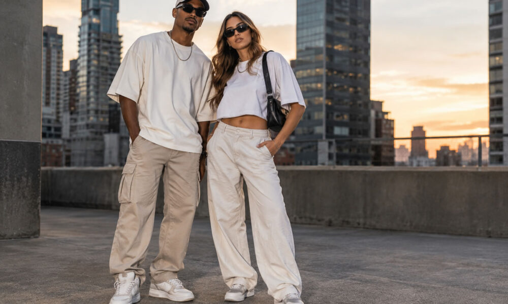 Looks streetwear para o Réveillon com camisetas oversized, calças cargo e tênis