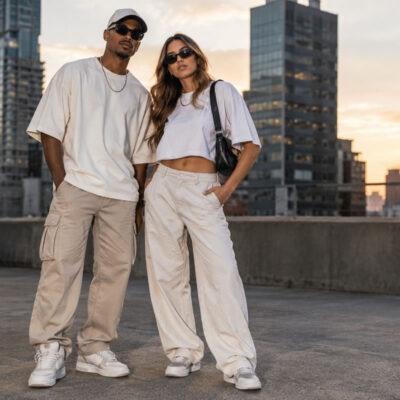 Looks streetwear para o Réveillon com camisetas oversized, calças cargo e tênis