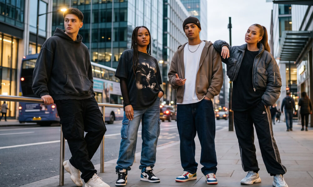 Modelos com looks de streetwear em cenário urbano contemporâneo