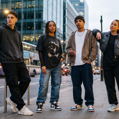 Modelos com looks de streetwear em cenário urbano contemporâneo
