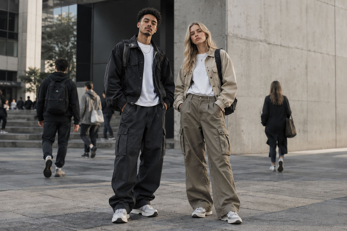 Modelos com looks de moda sem gênero e roupas unissex em estilo streetwear urban