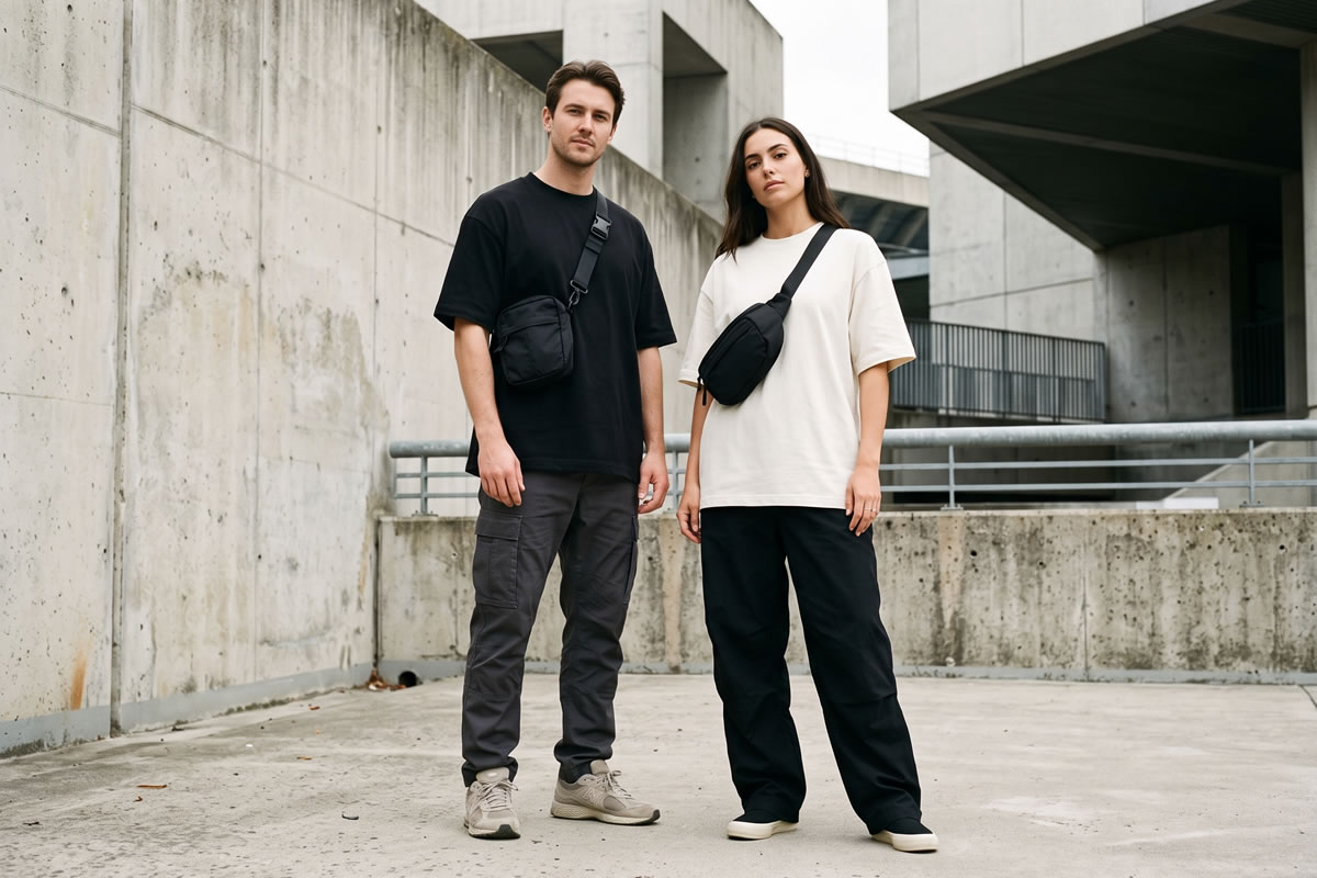 Homem e mulher usando shoulder bag e pochete em looks streetwear com camisetas oversized e calças cargo