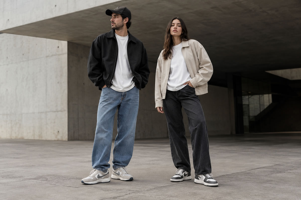 Dois modelos usando tênis retrô com looks streetwear inspirados nos anos 80 e 90